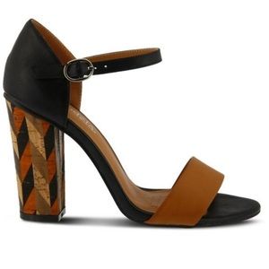 Patrizia Open Toe Cork Heel Black & Brown Size 6.5